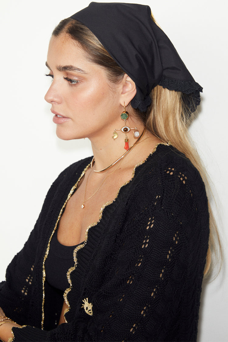 caption_Model wears Black Pointelle Knit Cardigan With Gold Fish in UK size 10/ US 6