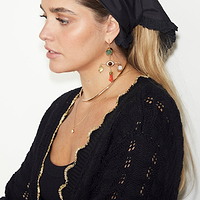Thumbnail for caption_Model wears Black Pointelle Knit Cardigan With Gold Fish in UK size 10/ US 6