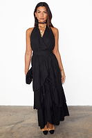 Thumbnail for caption_Model wears Black Matilda Wrap Dress in UK size 10/ US 6