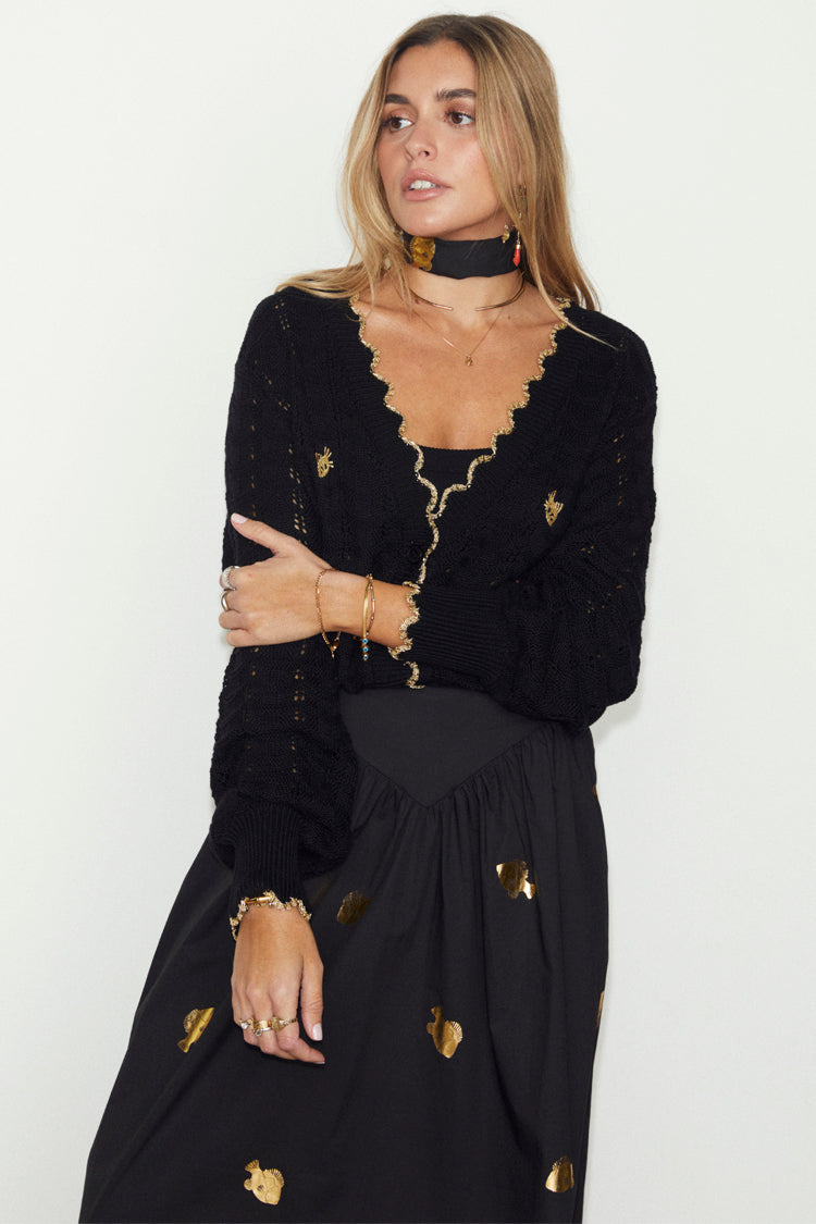 caption_Model wears Black Pointelle Knit Cardigan With Gold Fish in UK size 10/ US 6