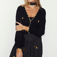 Thumbnail for caption_Model wears Black Pointelle Knit Cardigan With Gold Fish in UK size 10/ US 6