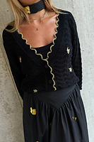 Thumbnail for caption_Model wears Black Pointelle Knit Cardigan With Gold Fish in UK size 10/ US 6