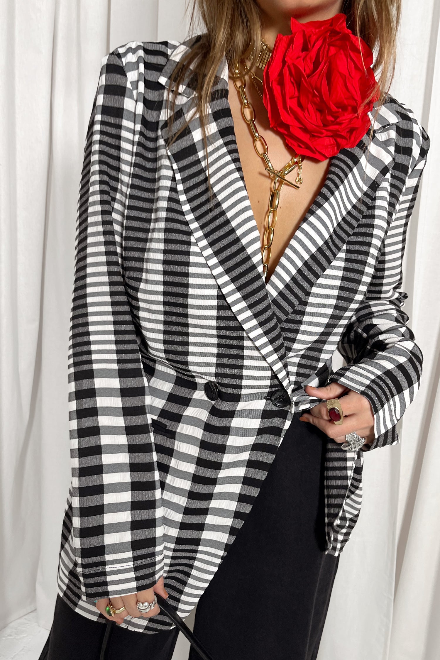Model wearing Mono Check Blazer standing facing the camera