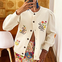 Thumbnail for caption_Model wears Cream Mosaic Cardigan in UK size 10/ US 6