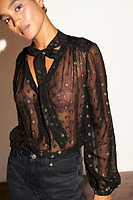 Thumbnail for caption_Model wears Sparkle Pussy Bow Blouse in S