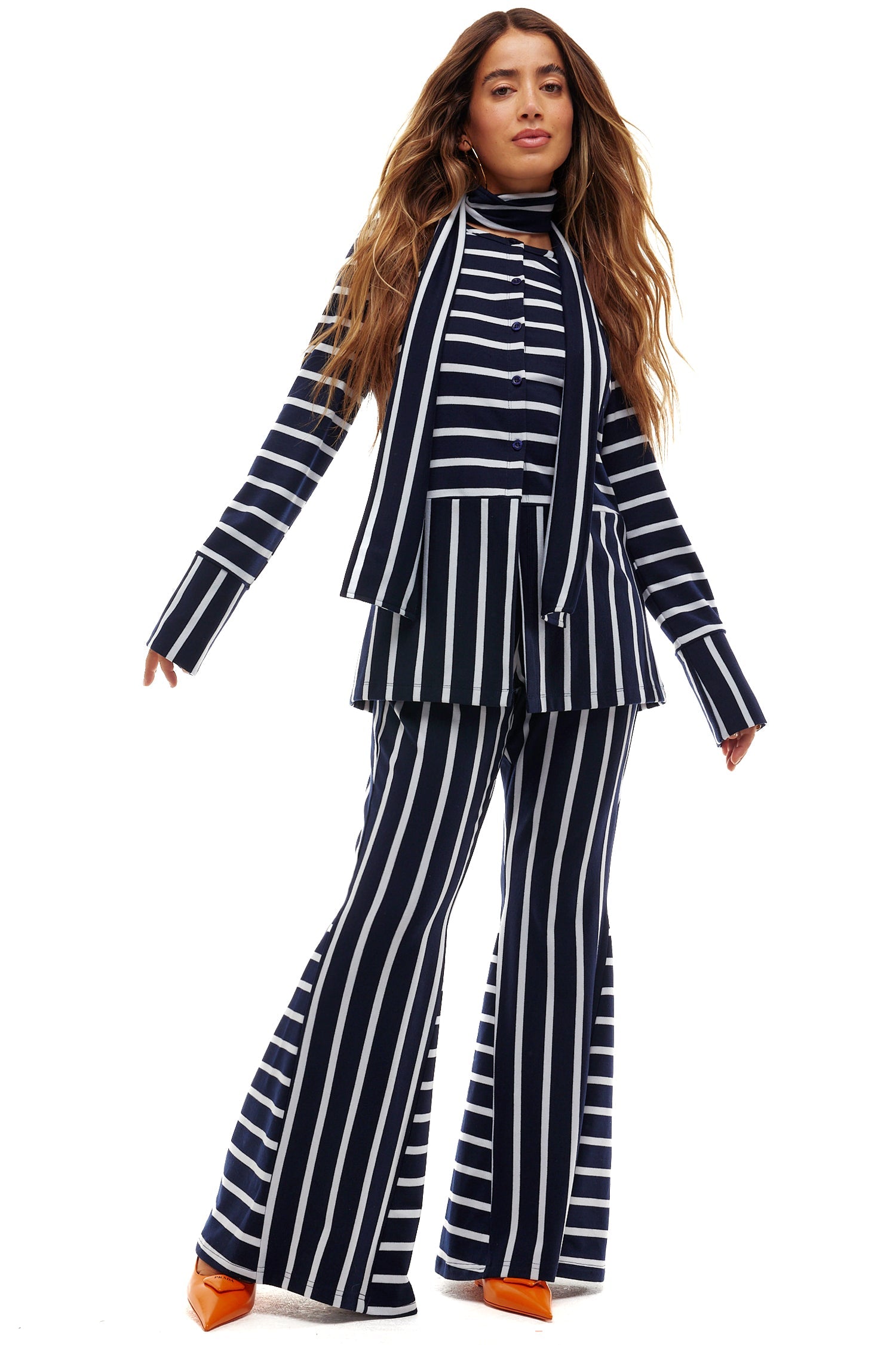 Model wearing Navy Nautical Top facing the camera