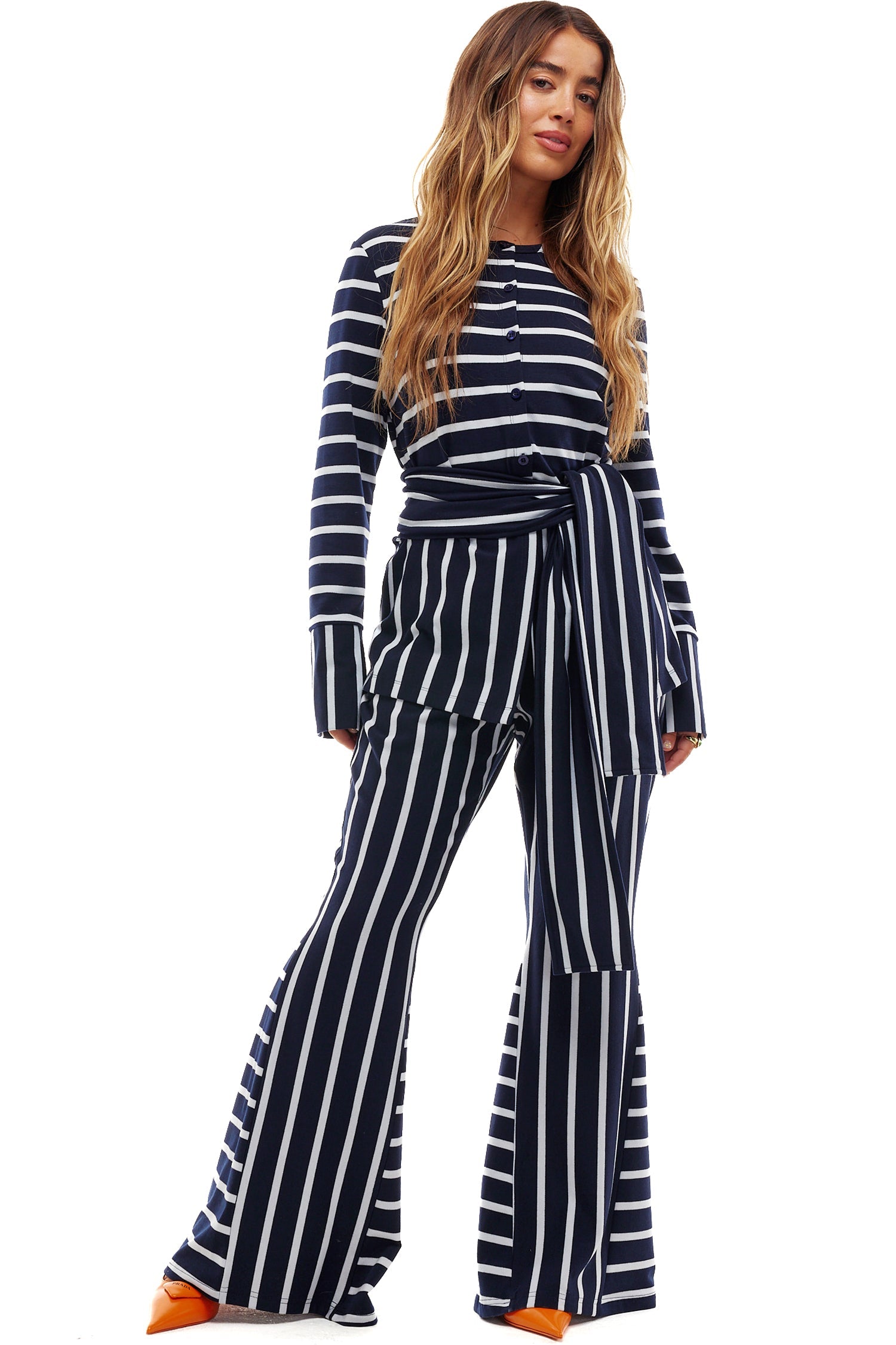 Model wearing Navy Nautical Jersey Trousers standing facing the camera
