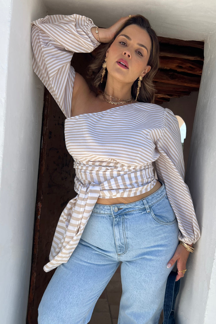 Model wearing Neutral Stripe Sailor Top