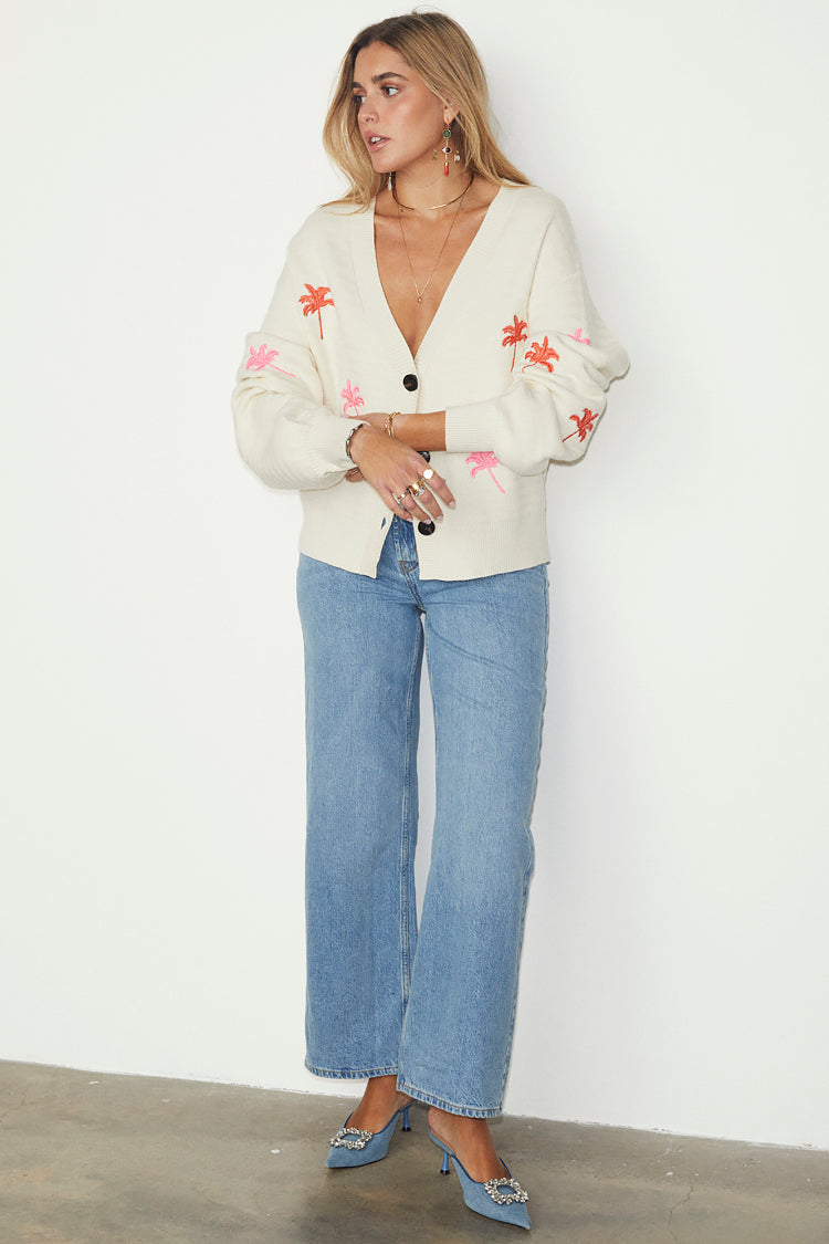 caption_Model wears Cream Cardigan With Embroidered Palm in UK size 10/ US 6
