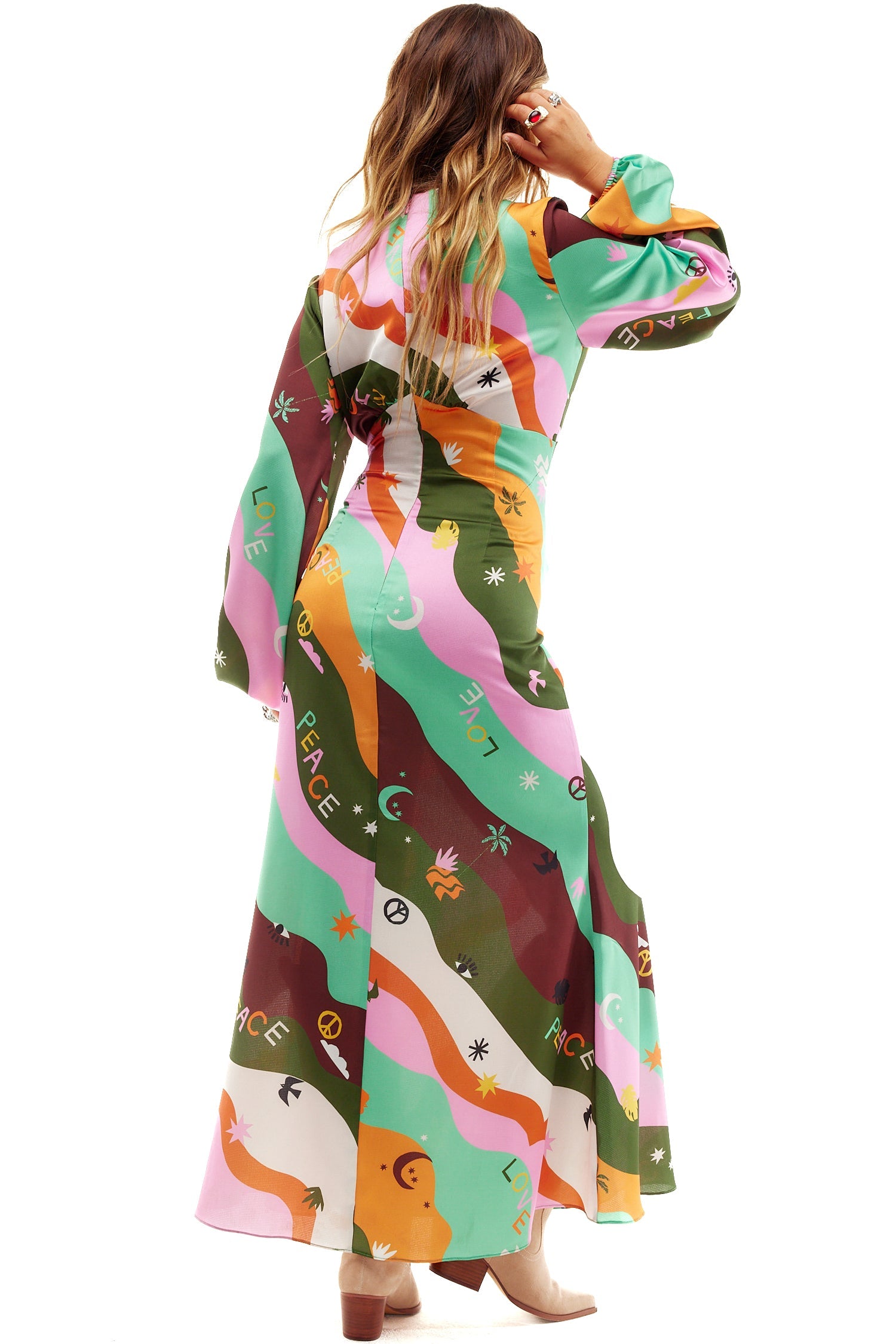 Model wearing Multi Peace And Love Midi Dress standing facing away from the camera