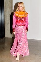 Thumbnail for Model wearing Pink Viscose Jacquard Skirt full length  wearing with a knit jumper