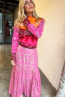 Thumbnail for Model wearing Pink Viscose Jacquard Skirt close up 