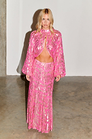 Thumbnail for Model wearing Pink Viscose Jacquard Skirt full length 