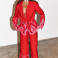 Thumbnail for caption_Model wears Red And Pink Lace Frany Blazer Petite in UK size 10/ US 6