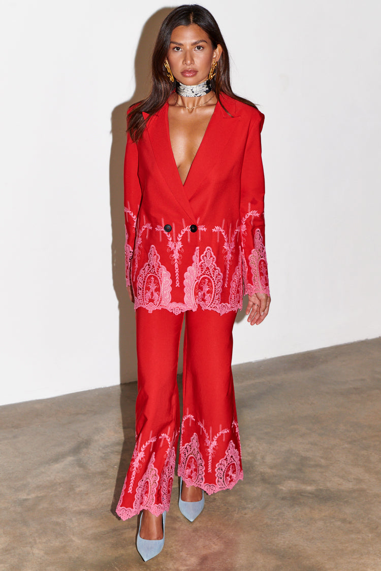caption_Model wears Red And Pink Lace Frany Blazer Petite in UK size 10/ US 6
