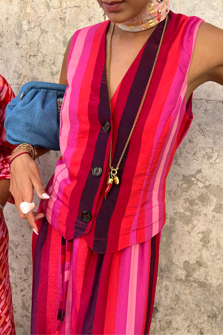  caption_Model wears Pink Stripe Waistcoat in UK size 8/ US 4