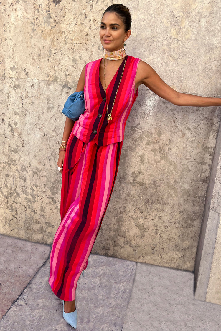  caption_Model wears Pink Stripe Waistcoat in UK size 8/ US 4