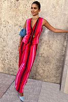 Thumbnail for  caption_Model wears Pink Stripe Waistcoat in UK size 8/ US 4
