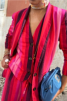 Thumbnail for  caption_Model wears Pink Stripe Waistcoat in UK size 8/ US 4