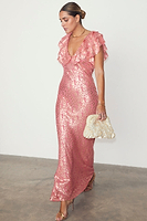 Thumbnail for caption_Model wears Pink Jacquard Tilda Dress in UK size 10/ US 6