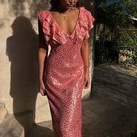 Thumbnail for caption_Model wears Pink Jacquard Tilda Dress in UK size 10/ US 6