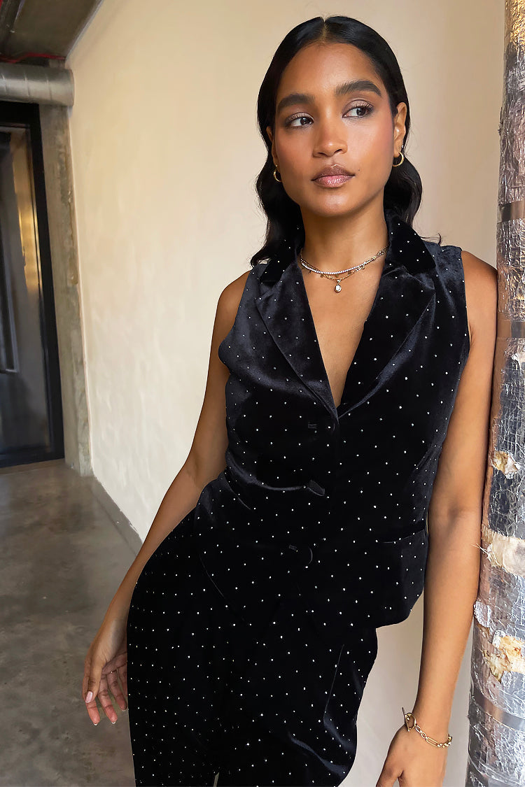 Model wearing Black Velvet Quinn Waistcoat