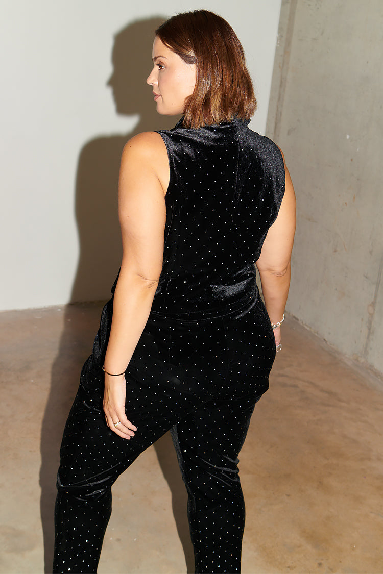 Model wearing Black Velvet Quinn Waistcoat