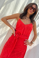 Thumbnail for caption_Model wears Red Broderie Cami Top in UK size 10/ US 6