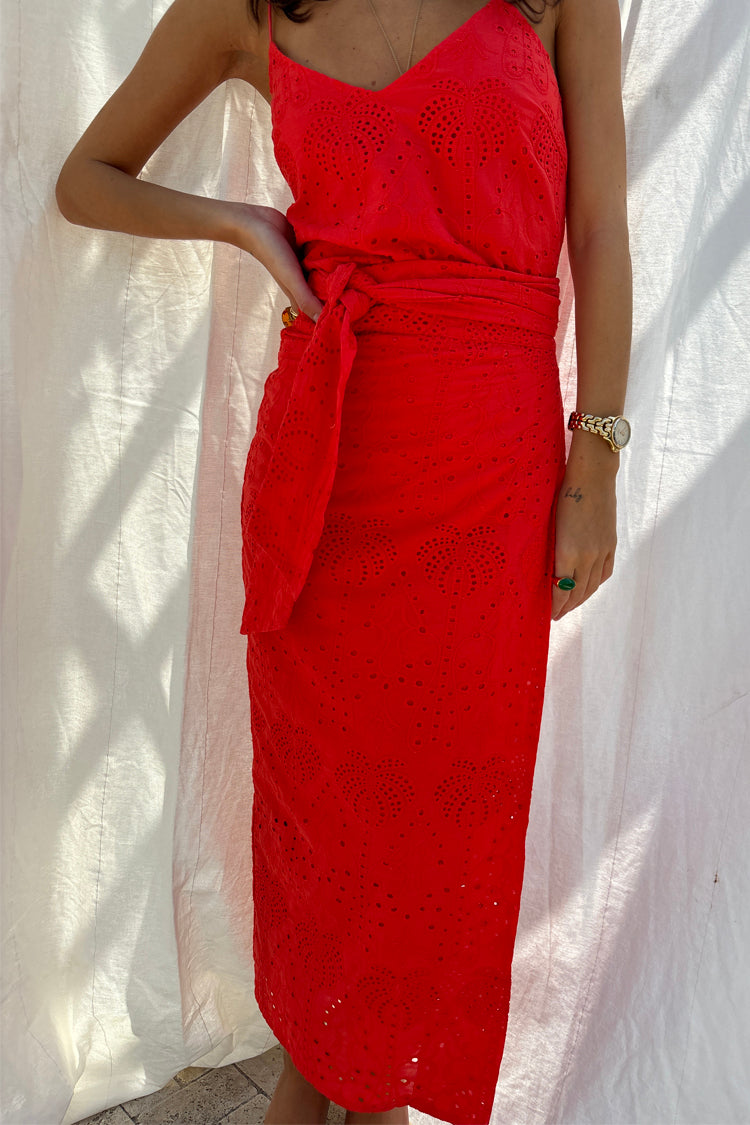caption_Model wears Red Broderie Cami Top in UK size 10/ US 6