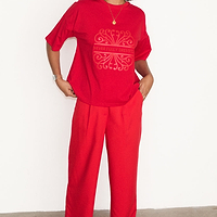 Thumbnail for caption_Model wears Red PU Logo T-shirt in UK size 10/ US 6