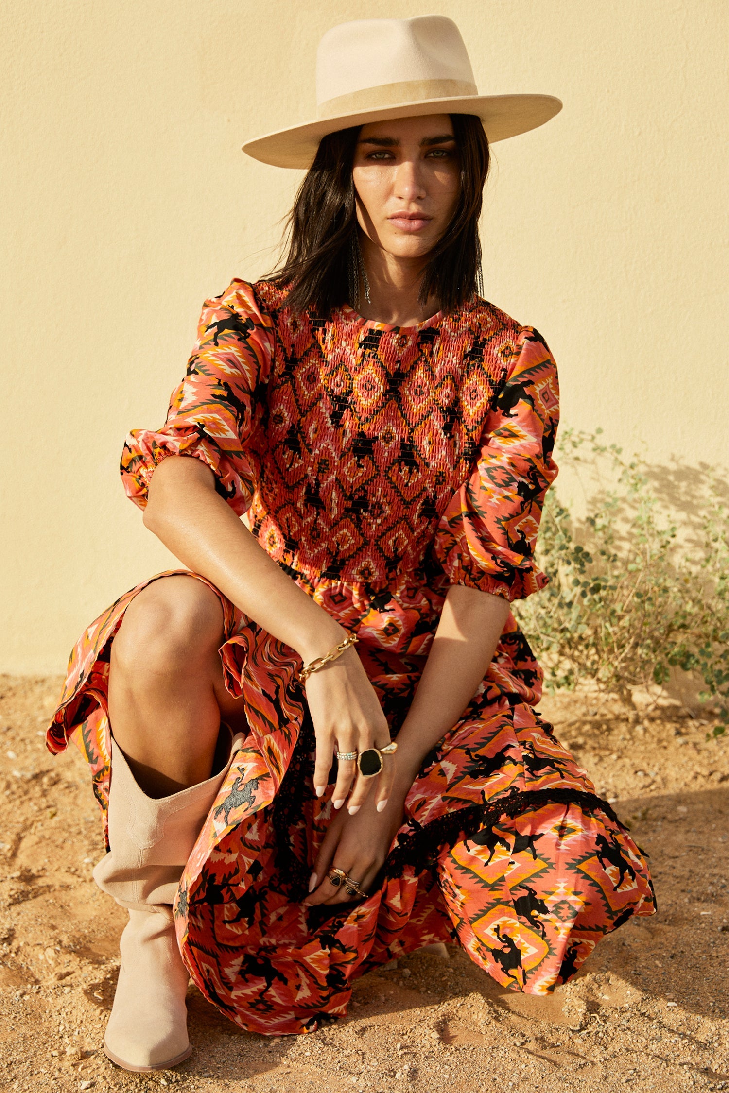 Model wearing Red Rodeo Midi Dress facing the camera