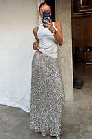 Thumbnail for caption_Model wears  Silver Sequin Dorris Skirt in UK size 10/ US 6
