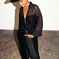 Thumbnail for caption_Model wears Black Sequin Lila Shirt Dress in UK 8 / US 4