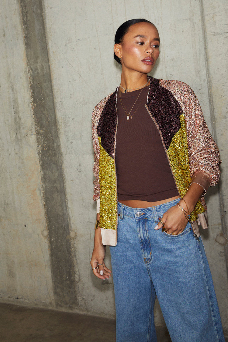 caption_Model wears Sequin Mix Bomber in UK size 10/ US 6