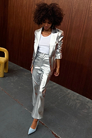 Thumbnail for caption_Model wears Silver Vegan Leather Blazer   in UK size 8/ US 4