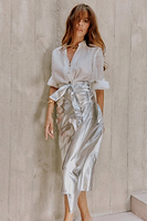 Thumbnail for caption_Model is 5ft6 and wears Silver Vegan Leather Skirt in UK 8 / US 4