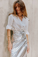 Thumbnail for caption_Model is 5ft6 and wears Silver Vegan Leather Skirt in UK 8 / US 4