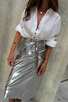 Thumbnail for caption_Model is 5ft6 and wears Silver Vegan Leather Skirt in UK 8 / US 4