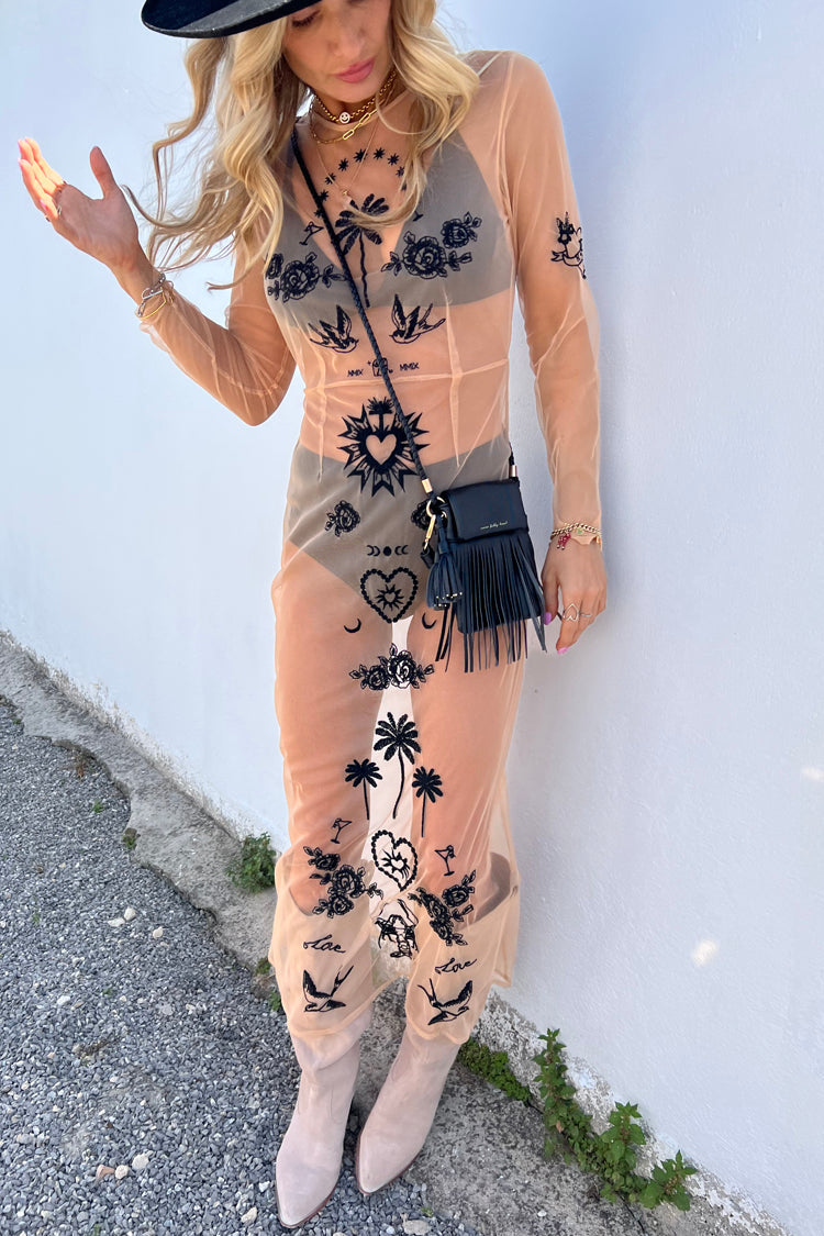 Model wearing Embellished Mesh Tattoo Dress
