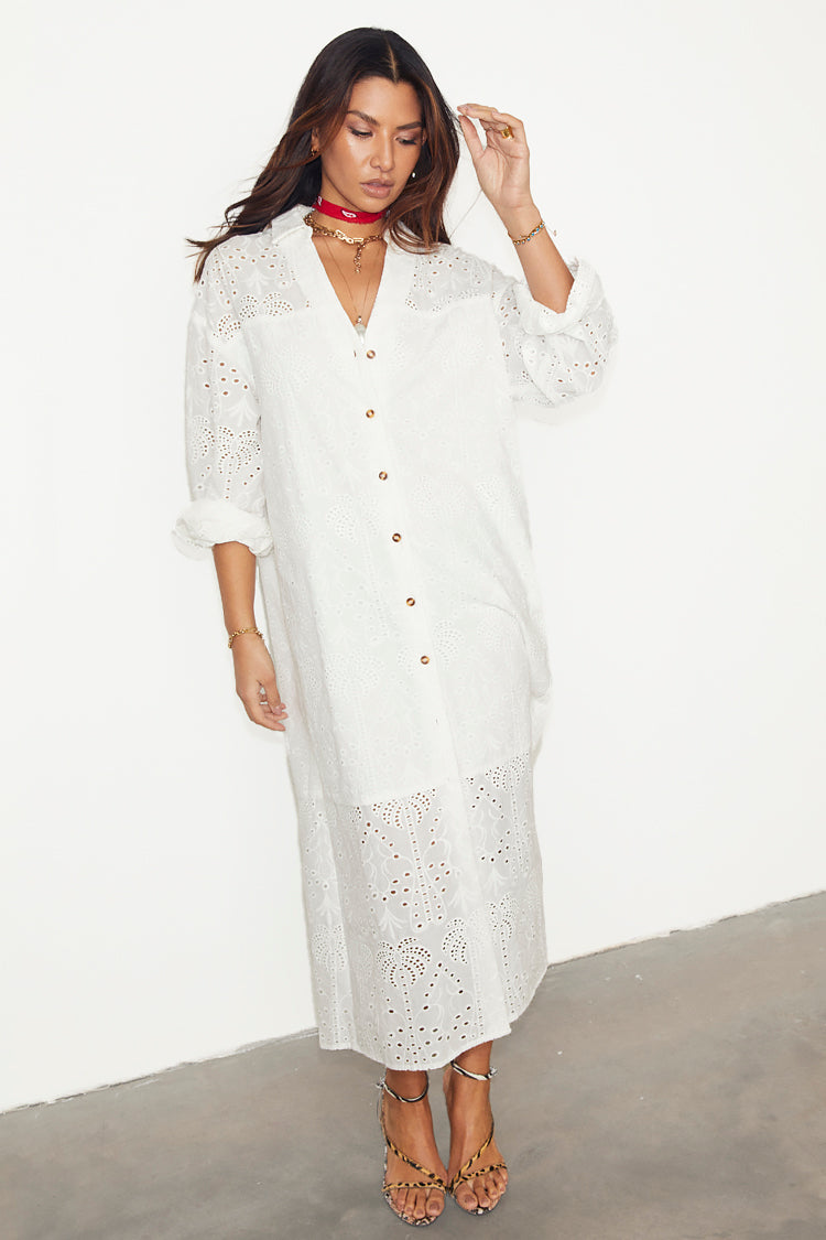  caption_Model wears White Palm Broderie Jenna Shirt Dress in UK size 10/ US 6