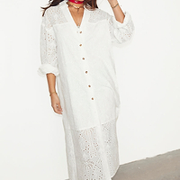 Thumbnail for  caption_Model wears White Palm Broderie Jenna Shirt Dress in UK size 10/ US 6