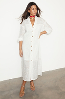 Thumbnail for  caption_Model wears White Palm Broderie Jenna Shirt Dress in UK size 10/ US 6