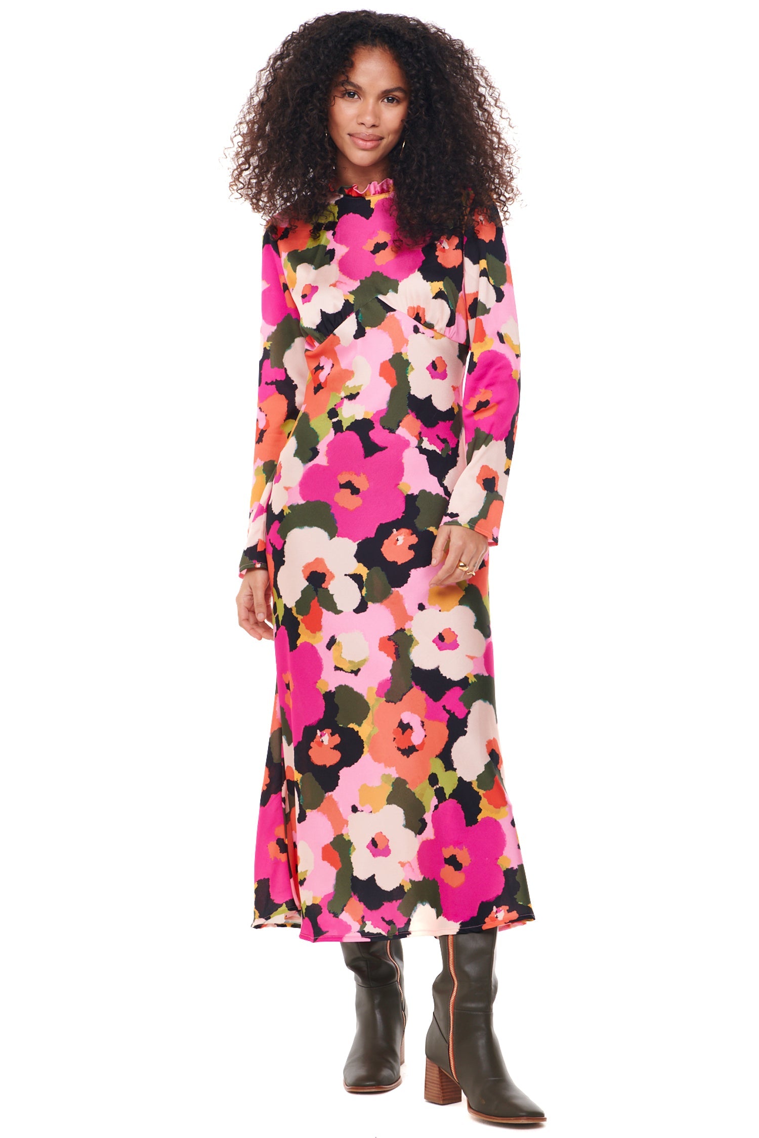 Model wearing Winter Blossom Beau Dress standing facing the camera