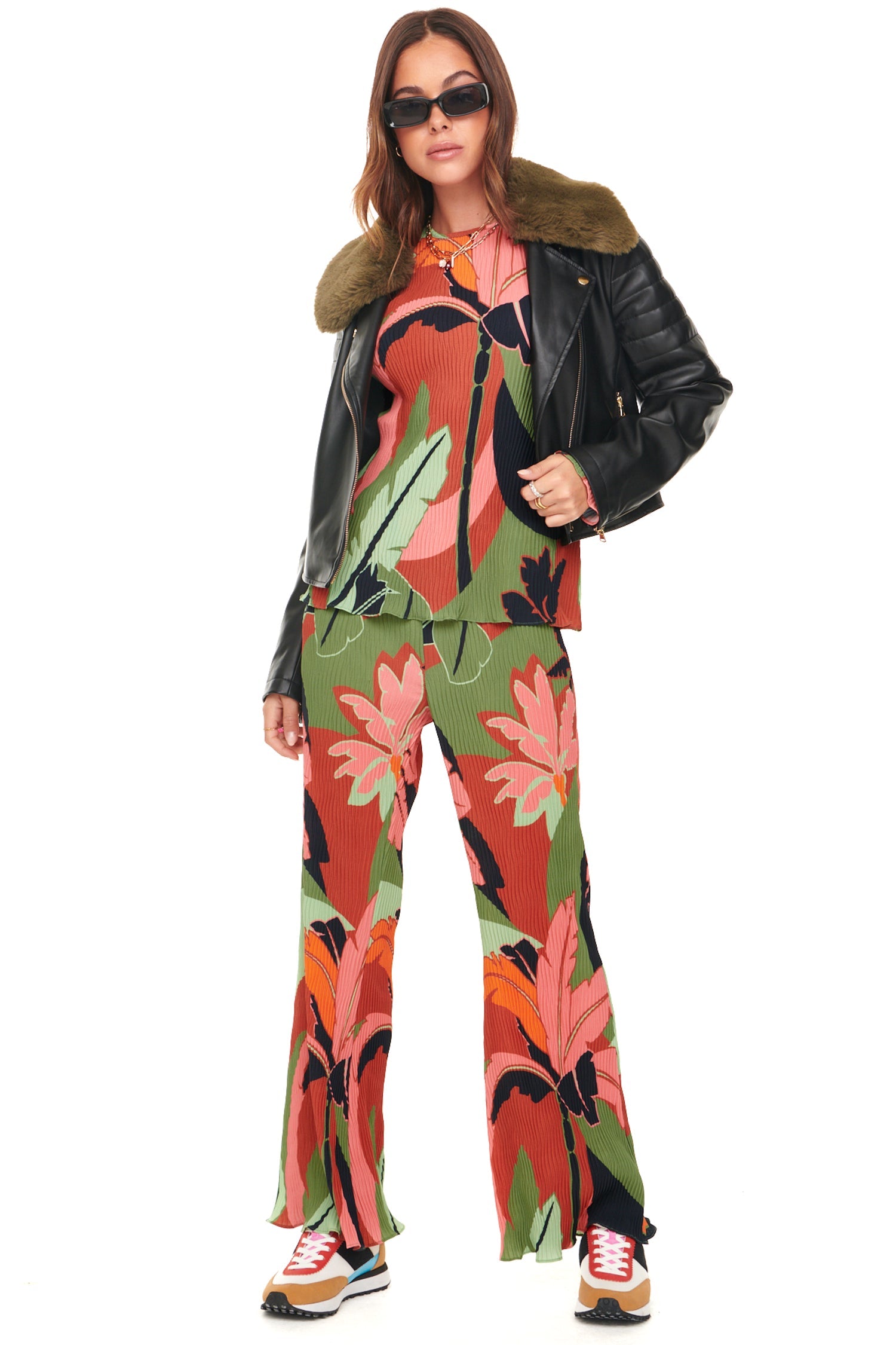 Model wearing Winter Palm Plisse Trouser standing facing the camera