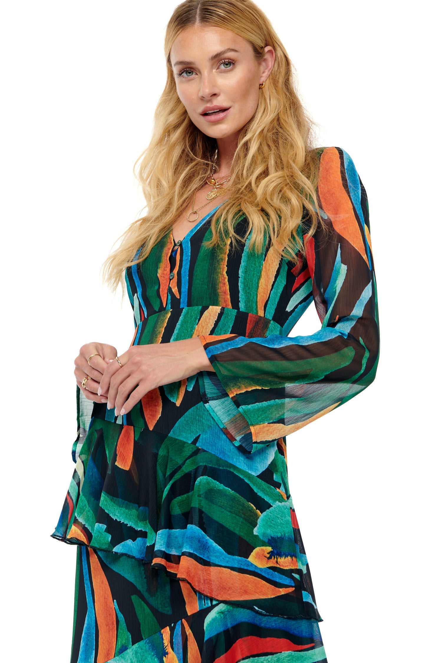 Model wearing Zebra Palma Dress standing facing the camera close up