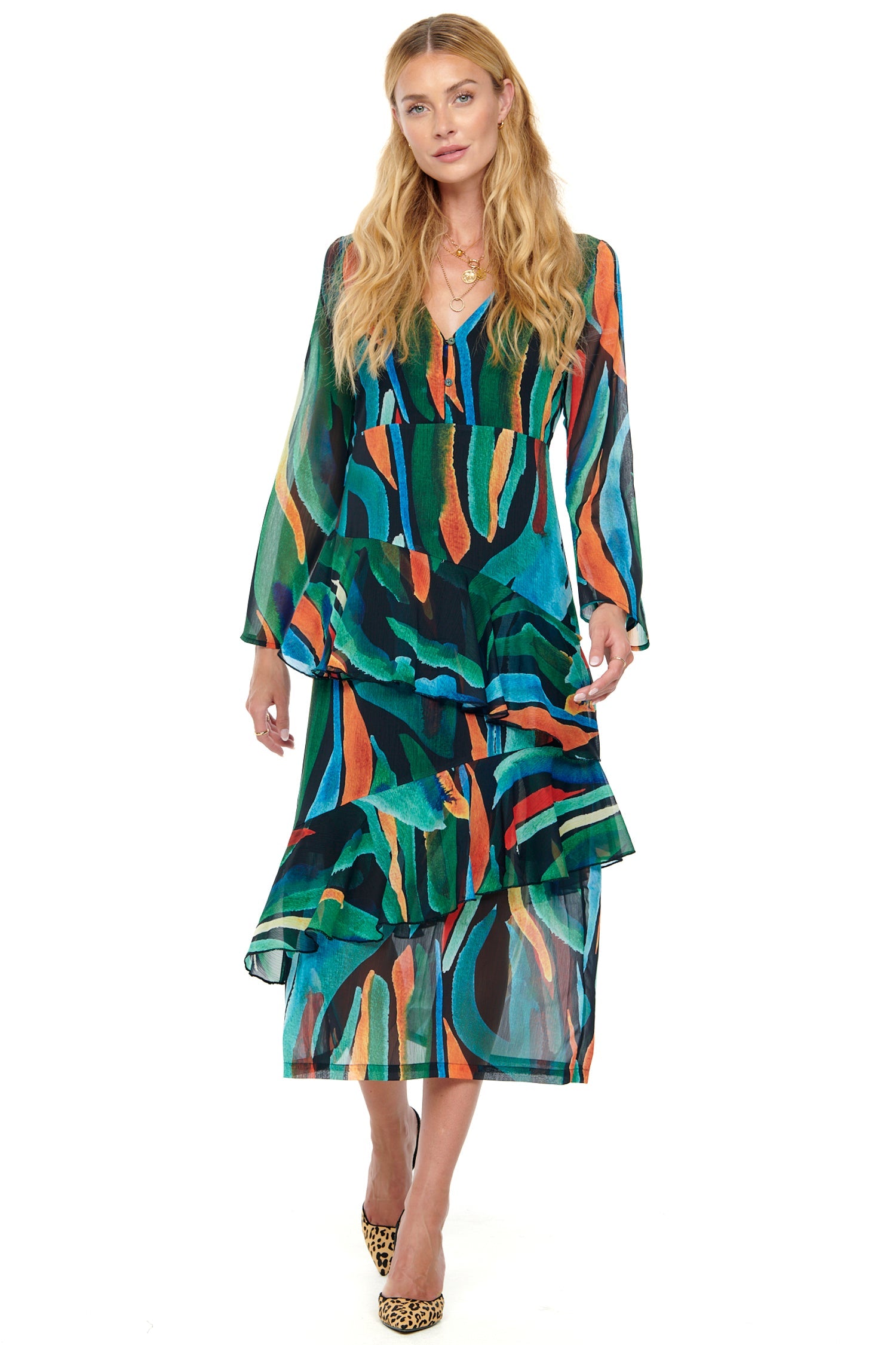 Model wearing Zebra Palma Dress standing facing the camera