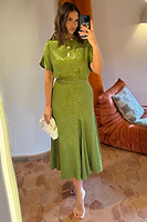 Thumbnail for caption_Model wears Green Jacquard Midi Erin Dress in UK size 14/ US 10