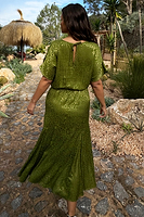 Thumbnail for caption_Model wears Green Jacquard Midi Erin Dress in UK size 14/ US 10