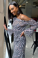 Thumbnail for Model wearing Zebra Ophelia Dress standing facing camera close up