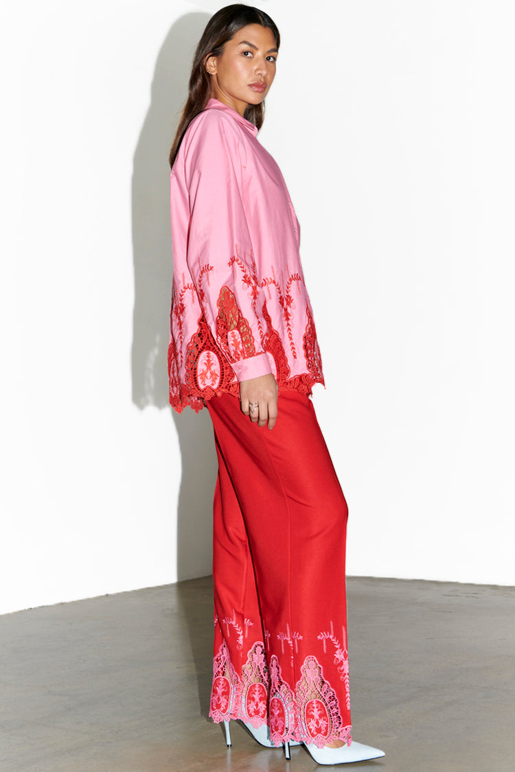 caption_Model wears Red And Pink Arden Trouser in UK size 10/ US 6